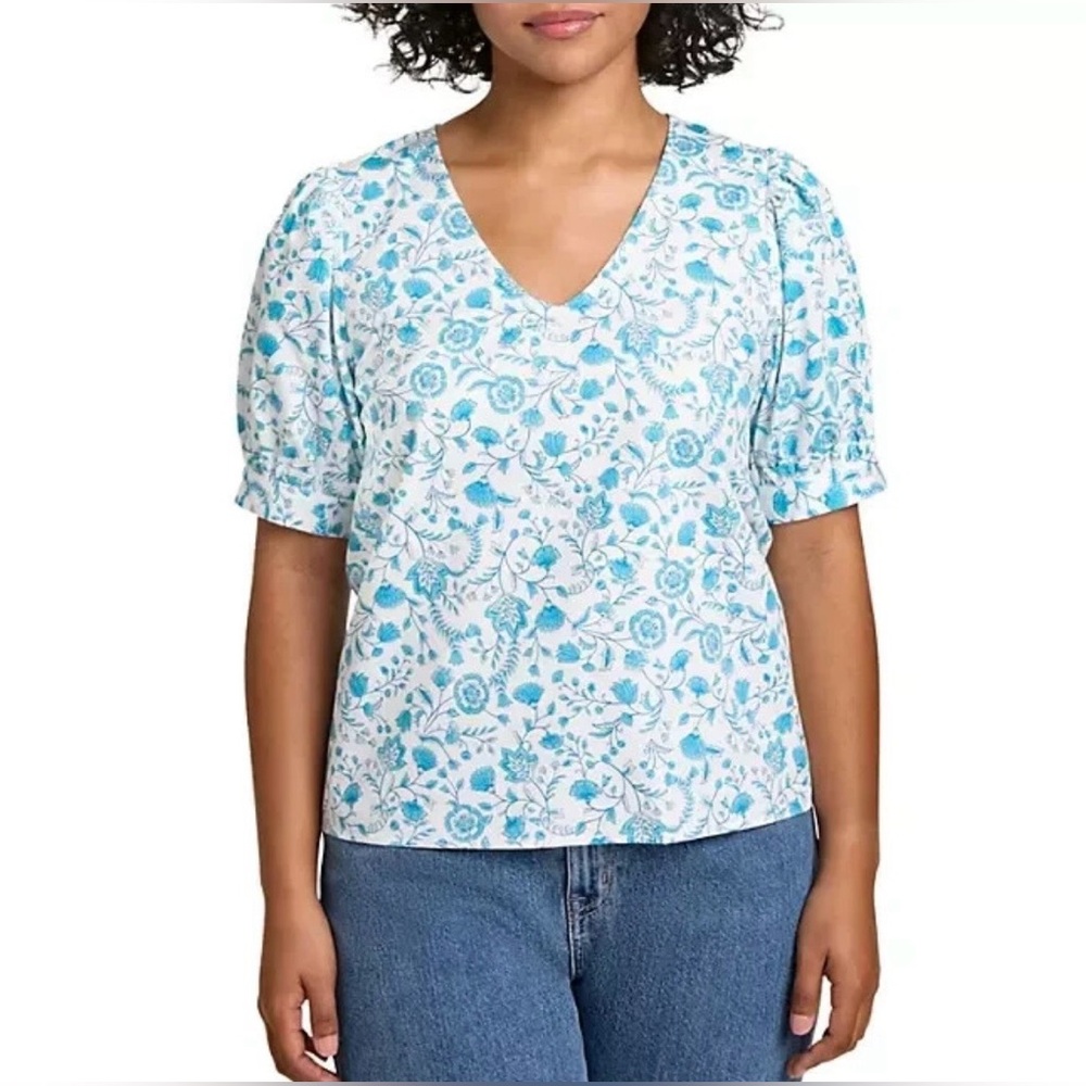 Draper James Heidi Peasant Top Shirt Floral Blue White V-neck Short Sleeve Sz M